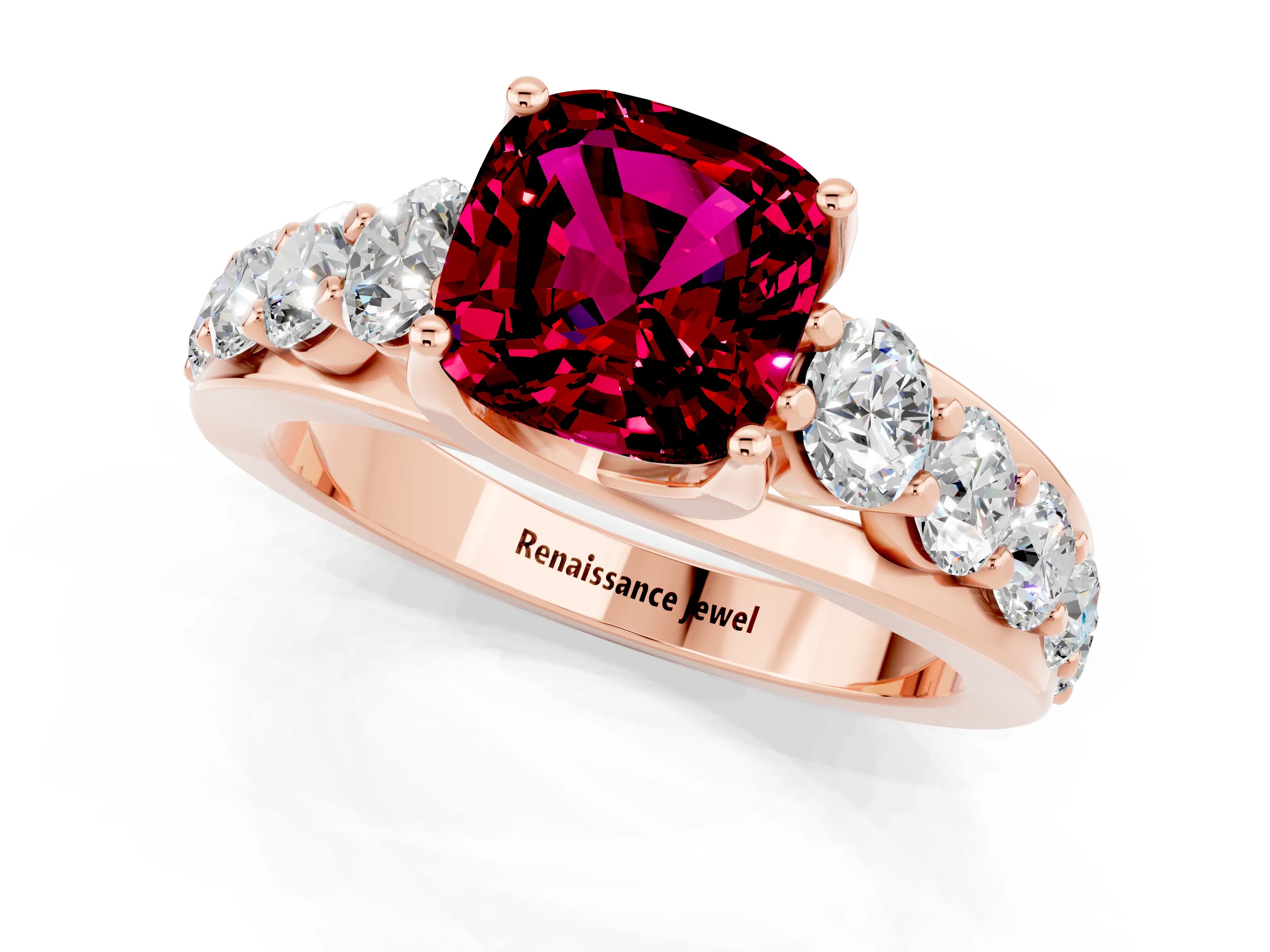 Rose gold Cushion Cut Garnet Engagement Ring with Pavé Band and Four-Prong Setting_1