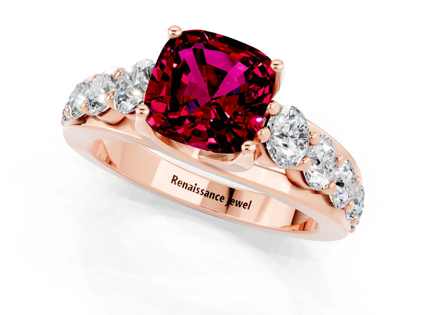 Rose gold Cushion Cut Garnet Engagement Ring with Pavé Band and Four-Prong Setting