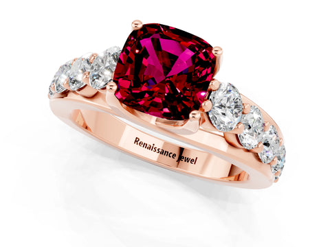 Rose gold Cushion Cut Garnet Engagement Ring with Pavé Band and Four-Prong Setting_1