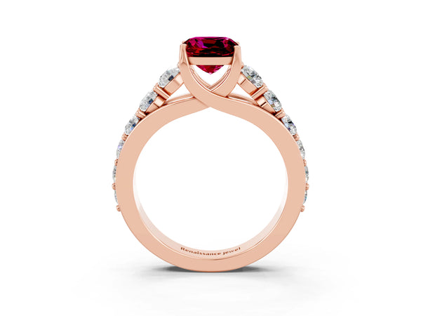 Rose gold Cushion Cut Garnet Engagement Ring with Pavé Band and Four-Prong Setting