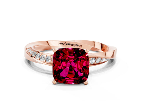 Rose gold Cushion Cut Garnet Engagement Ring with Side Stone Accents and Four-Prong Setting_27