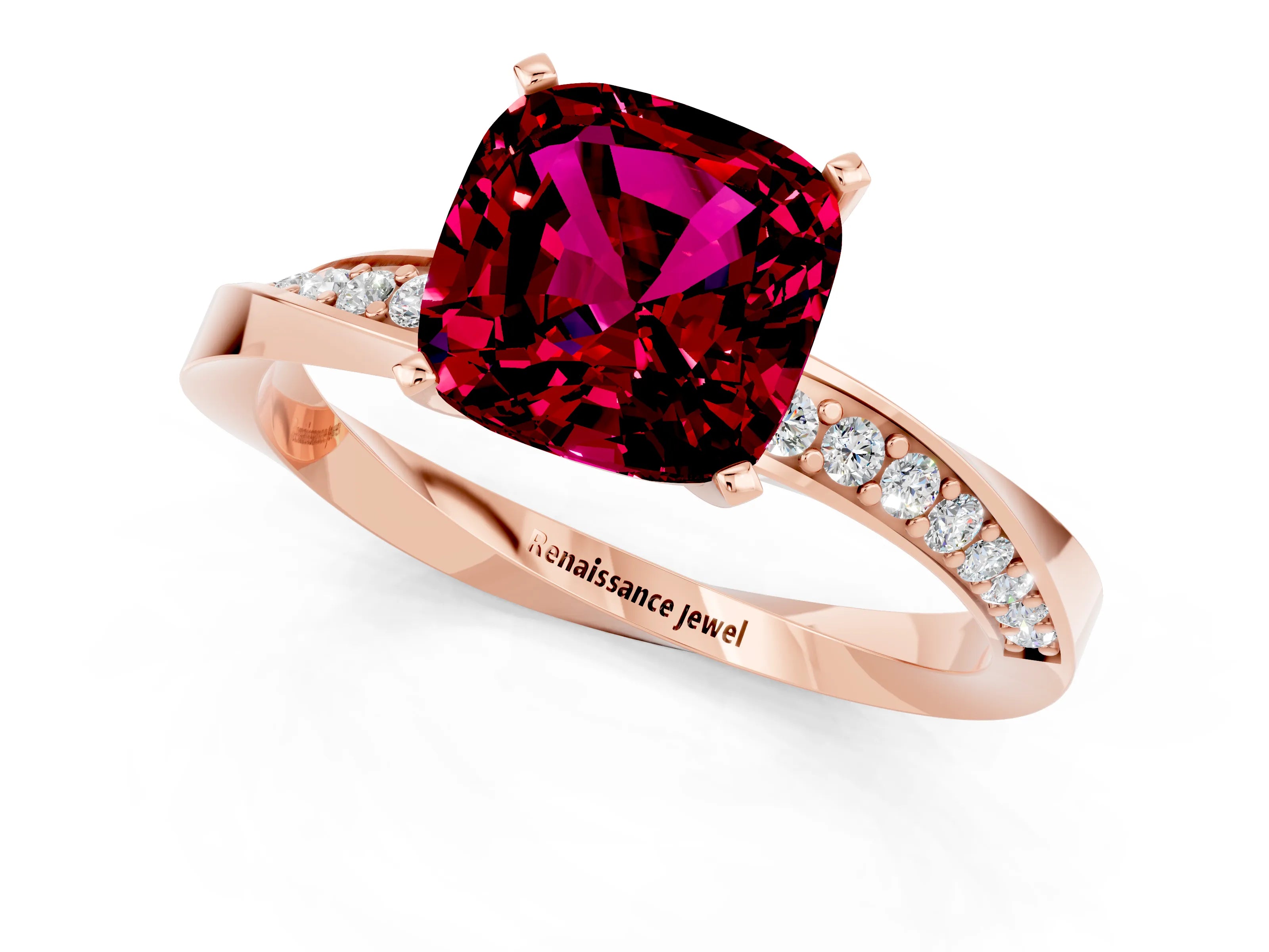Rose gold Cushion Cut Garnet Engagement Ring with Side Stone Accents and Four-Prong Setting_28
