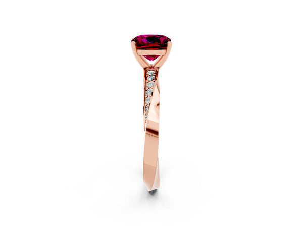 Rose gold Cushion Cut Garnet Engagement Ring with Side Stone Accents and Four-Prong Setting