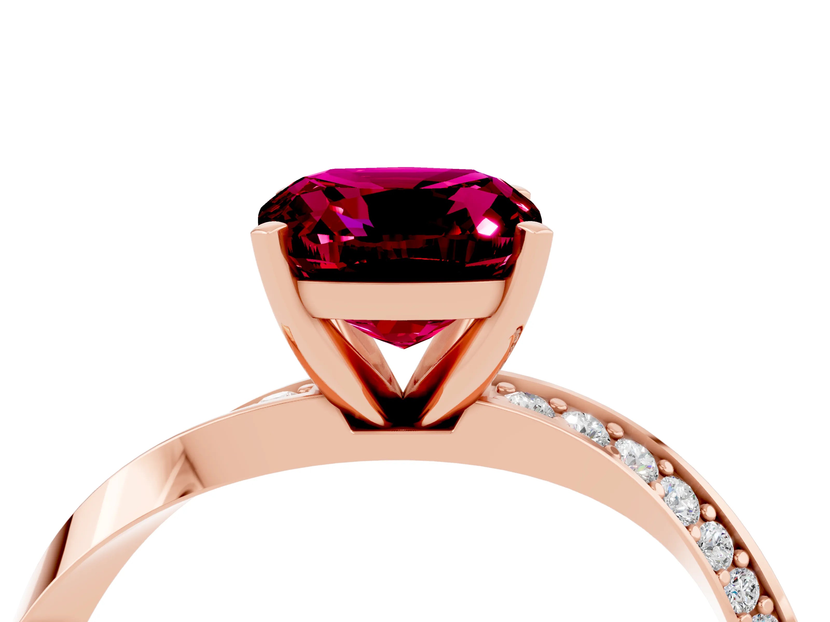 Rose gold Cushion Cut Garnet Engagement Ring with Side Stone Accents and Four-Prong Setting_31