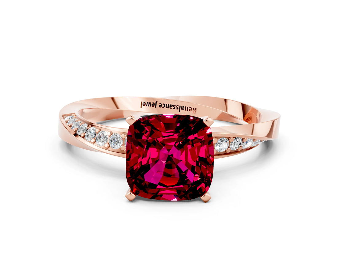 Rose gold Cushion Cut Garnet Engagement Ring with Side Stone Accents and Four-Prong Setting_84
