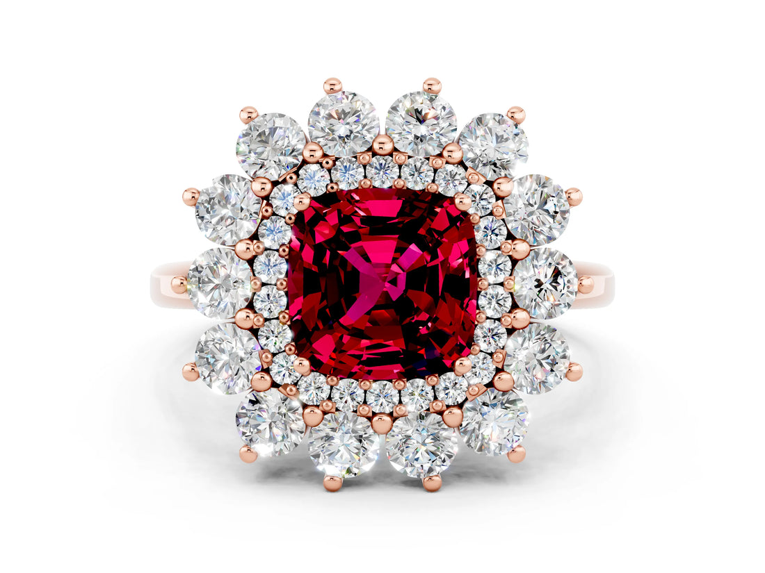 Rose gold Cushion Cut Garnet Floral Double Halo Engagement Ring with Prong Setting_60