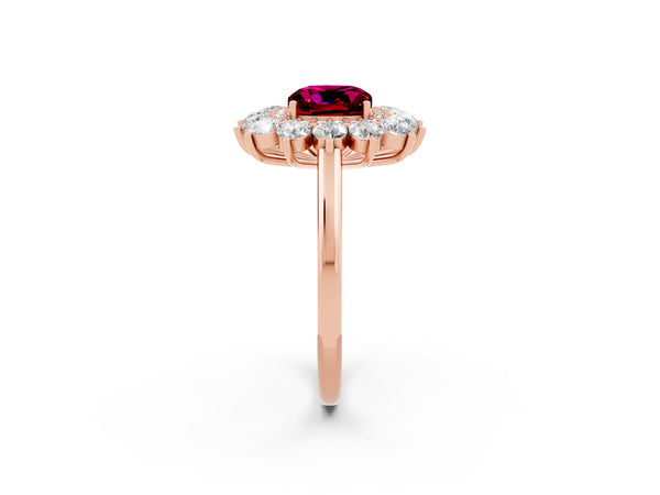 Rose gold Cushion Cut Garnet Floral Double Halo Engagement Ring with Prong Setting