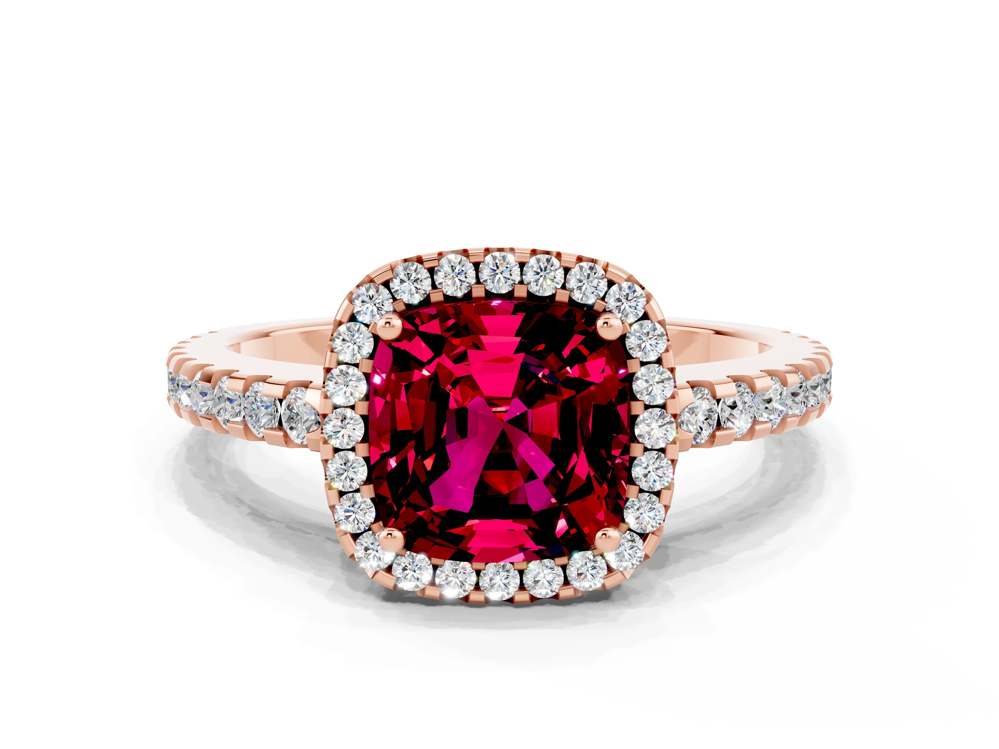 Rose gold Cushion Cut Garnet Halo Engagement Ring with Pavé Band and Prong Setting_12