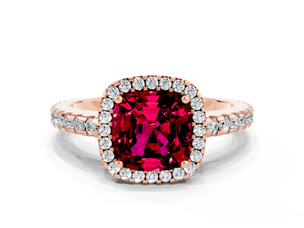 Rose gold Cushion Cut Garnet Halo Engagement Ring with Pavé Band and Prong Setting