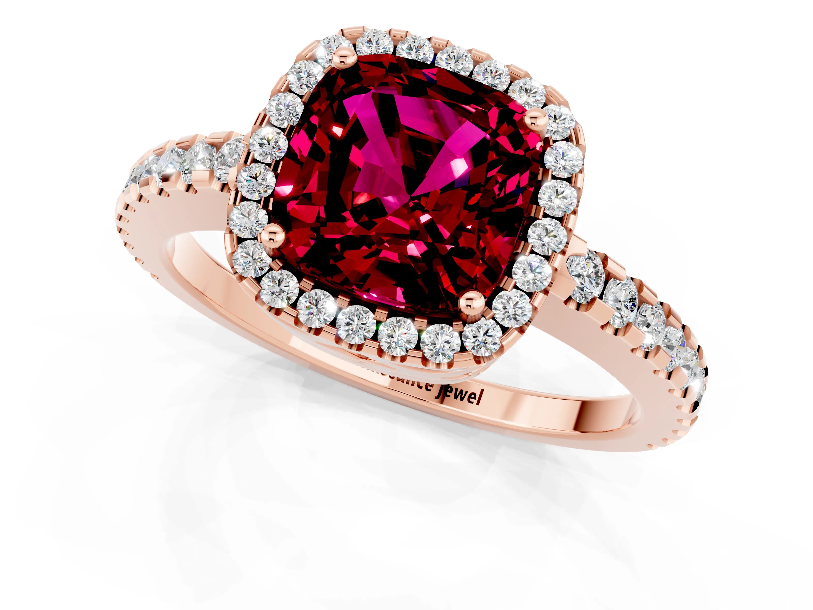 Rose gold Cushion Cut Garnet Halo Engagement Ring with Pavé Band and Prong Setting_13