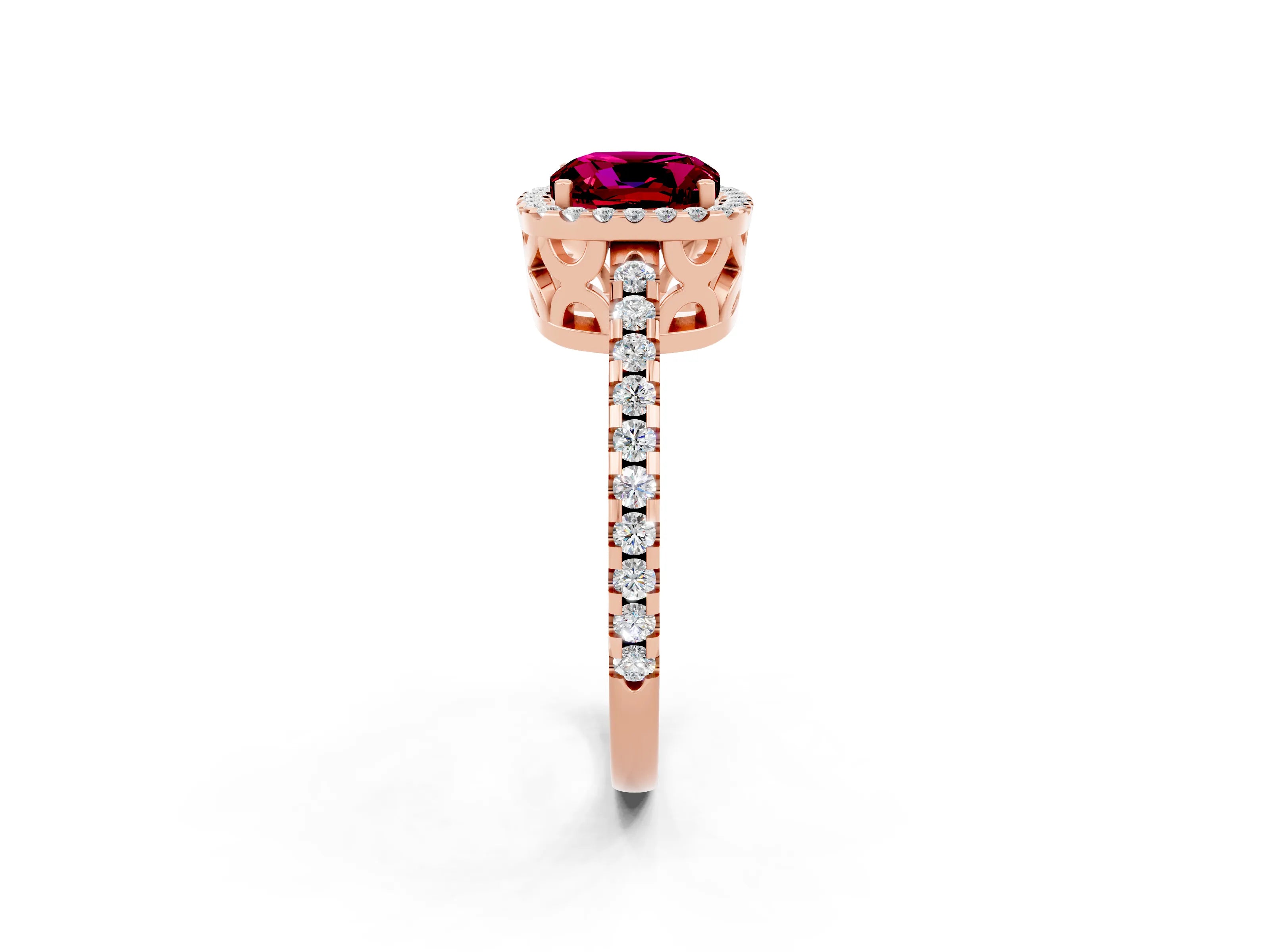 Rose gold Cushion Cut Garnet Halo Engagement Ring with Pavé Band and Prong Setting_14