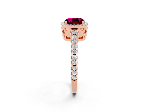 Rose gold Cushion Cut Garnet Halo Engagement Ring with Pavé Band and Prong Setting_14