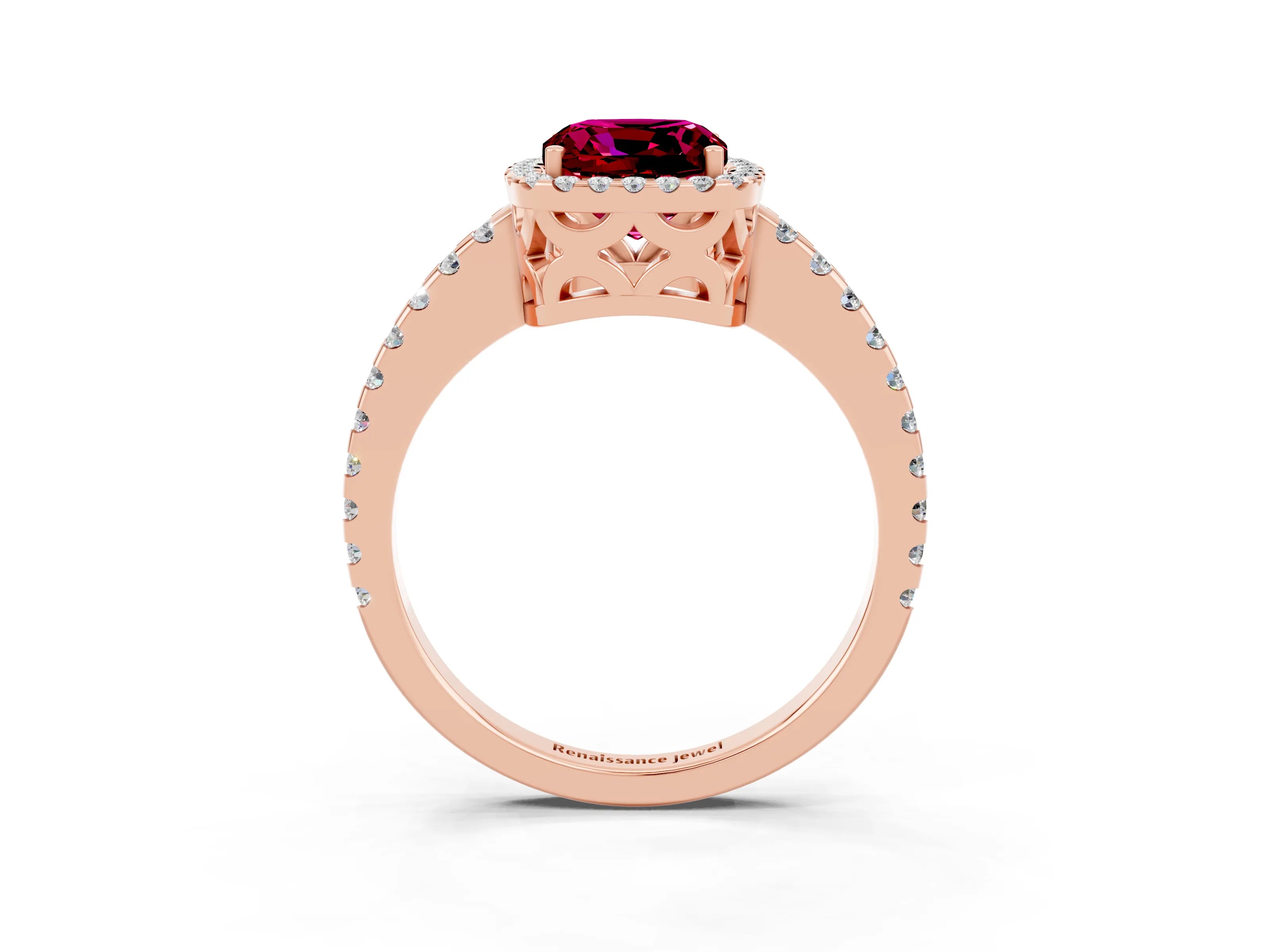 Rose gold Cushion Cut Garnet Halo Engagement Ring with Pavé Band and Prong Setting_15