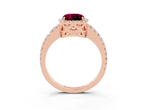 Rose gold Cushion Cut Garnet Halo Engagement Ring with Pavé Band and Prong Setting
