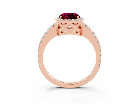 Rose gold Cushion Cut Garnet Halo Engagement Ring with Pavé Band and Prong Setting_15
