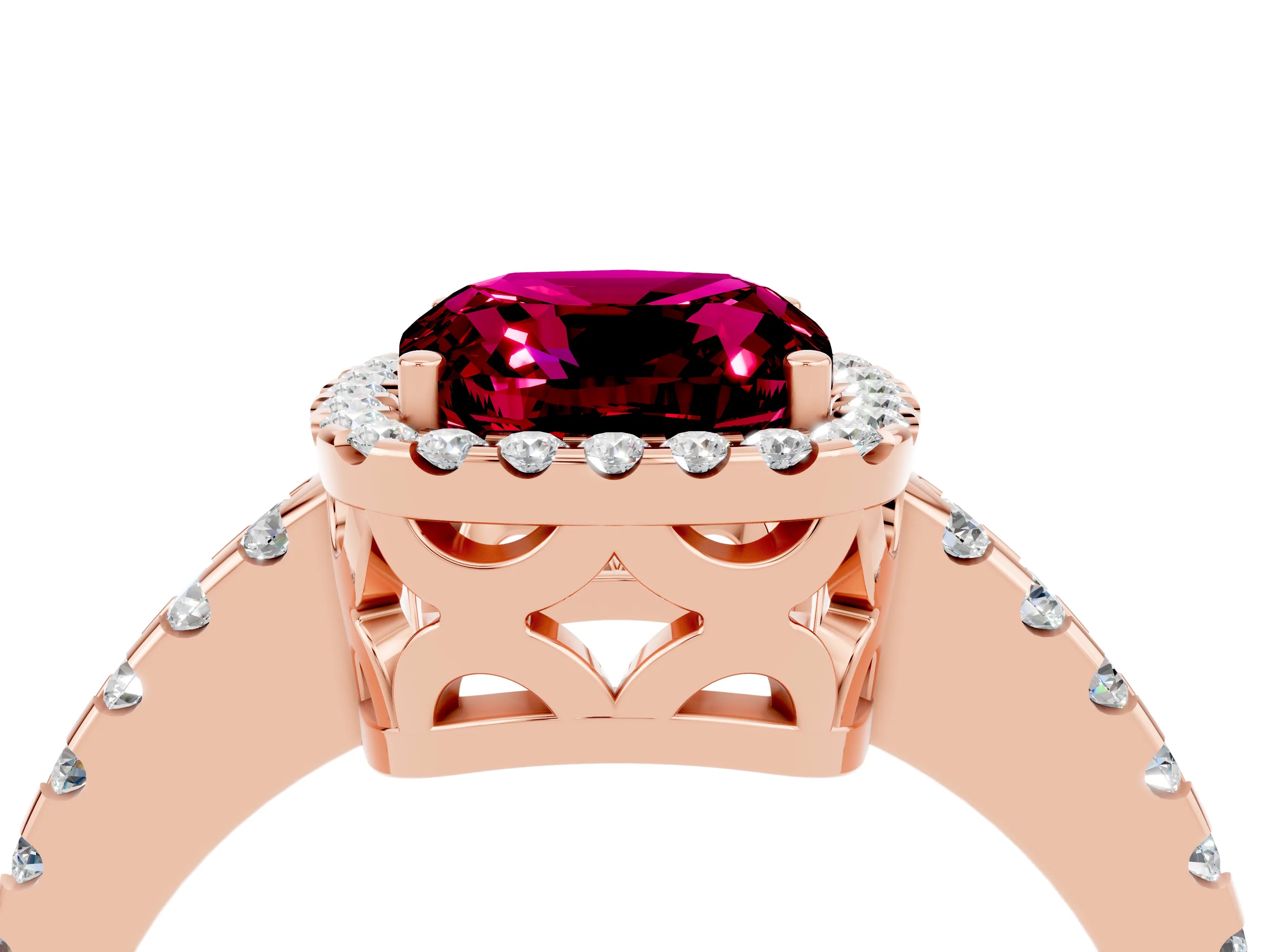Rose gold Cushion Cut Garnet Halo Engagement Ring with Pavé Band and Prong Setting_16