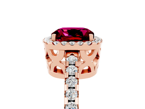 Rose gold Cushion Cut Garnet Halo Engagement Ring with Pavé Band and Prong Setting_17