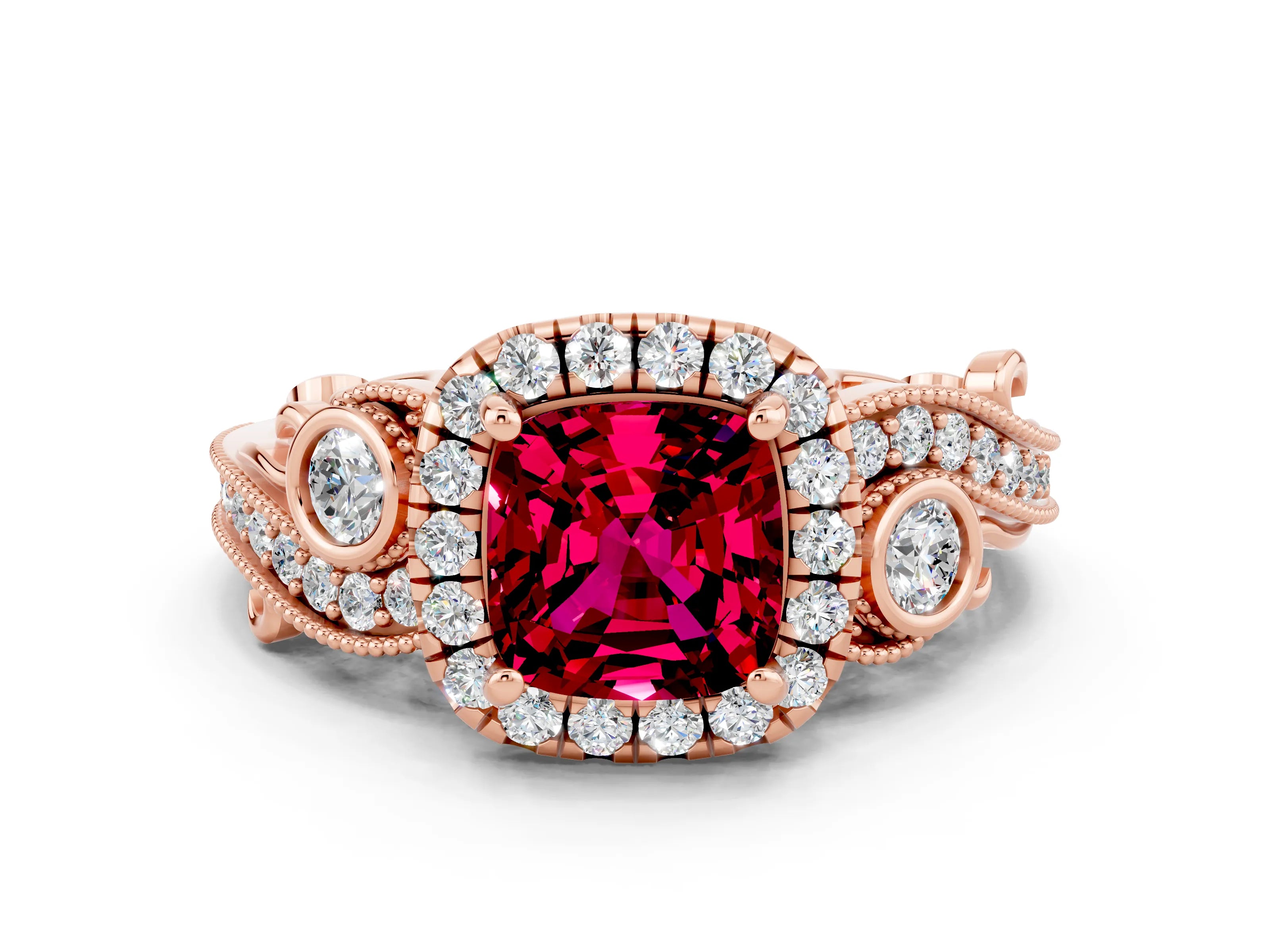 Rose gold Cushion Cut Garnet Halo Ring with Milgrain Pavé Band and Four-Prong Setting_12
