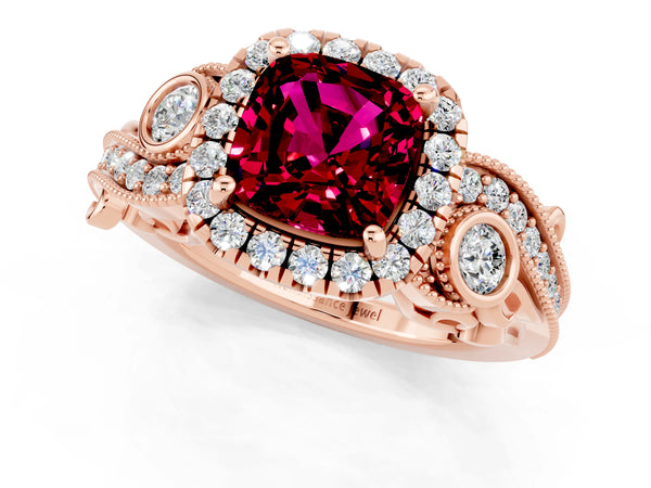 Rose gold Cushion Cut Garnet Halo Ring with Milgrain Pavé Band and Four-Prong Setting