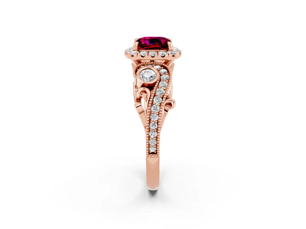 Rose gold Cushion Cut Garnet Halo Ring with Milgrain Pavé Band and Four-Prong Setting