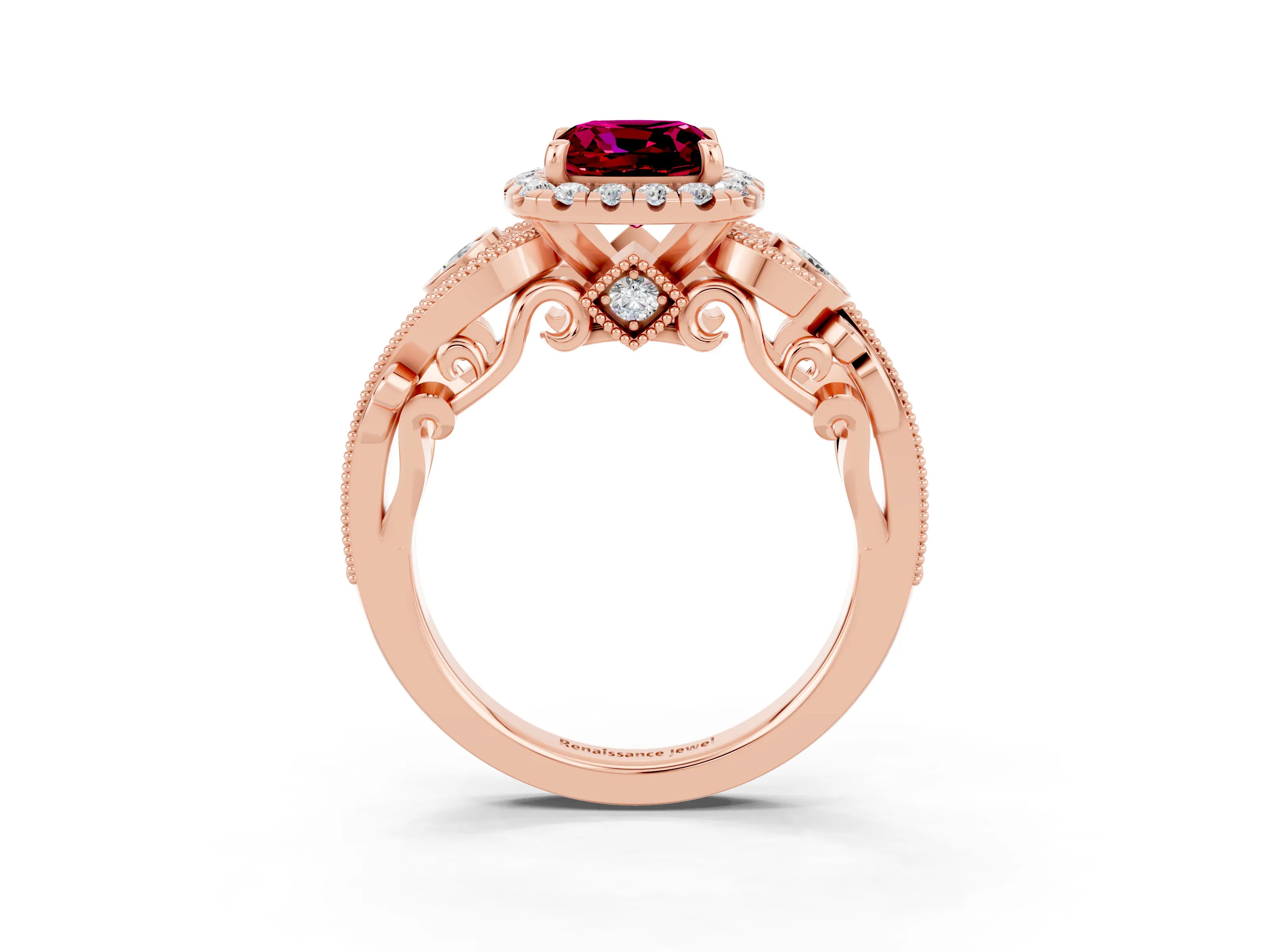 Rose gold Cushion Cut Garnet Halo Ring with Milgrain Pavé Band and Four-Prong Setting_15