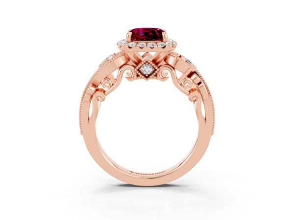Rose gold Cushion Cut Garnet Halo Ring with Milgrain Pavé Band and Four-Prong Setting