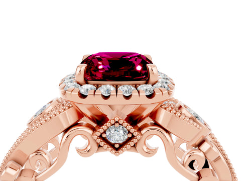 Rose gold Cushion Cut Garnet Halo Ring with Milgrain Pavé Band and Four-Prong Setting_16