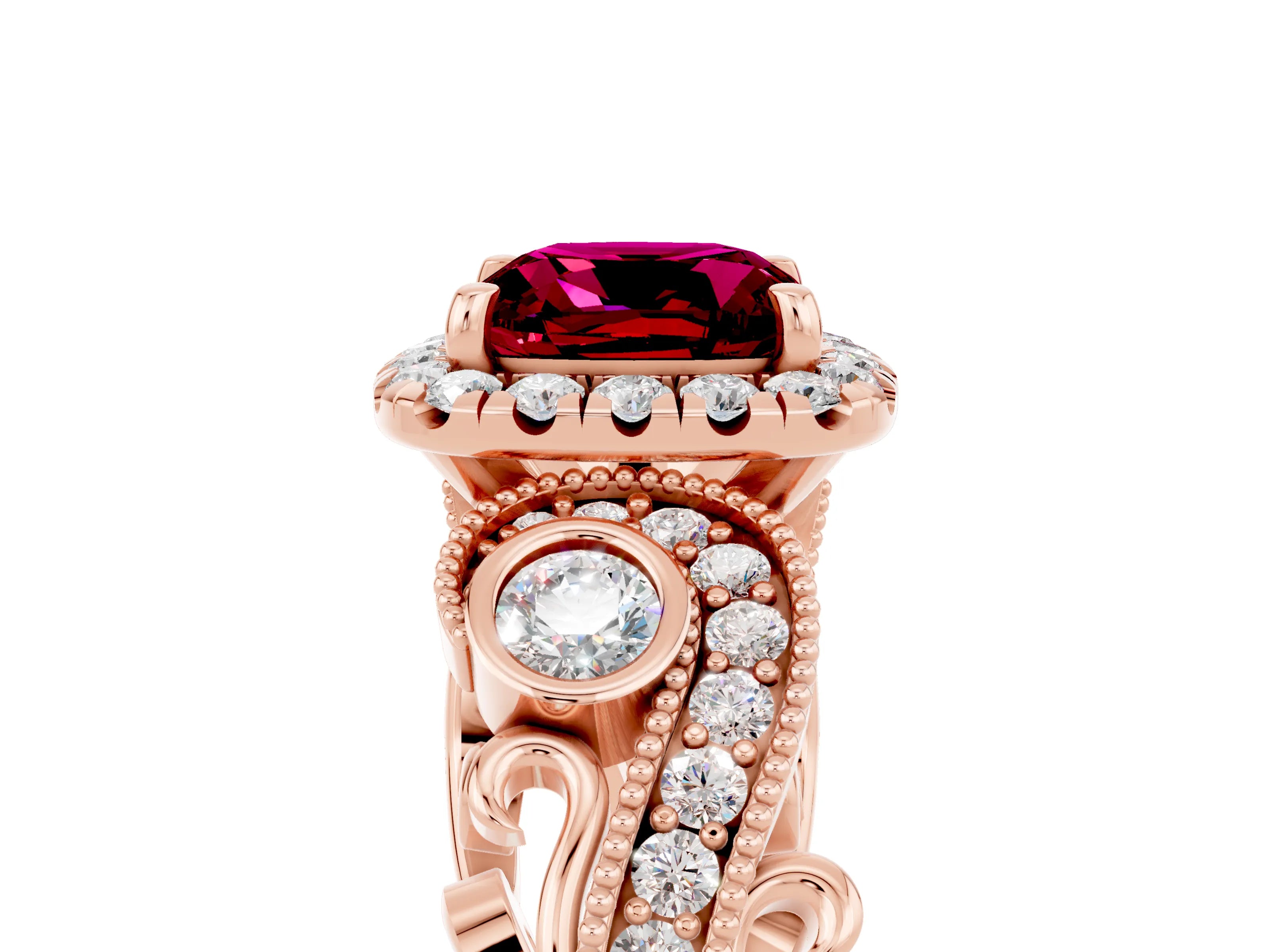 Rose gold Cushion Cut Garnet Halo Ring with Milgrain Pavé Band and Four-Prong Setting_17