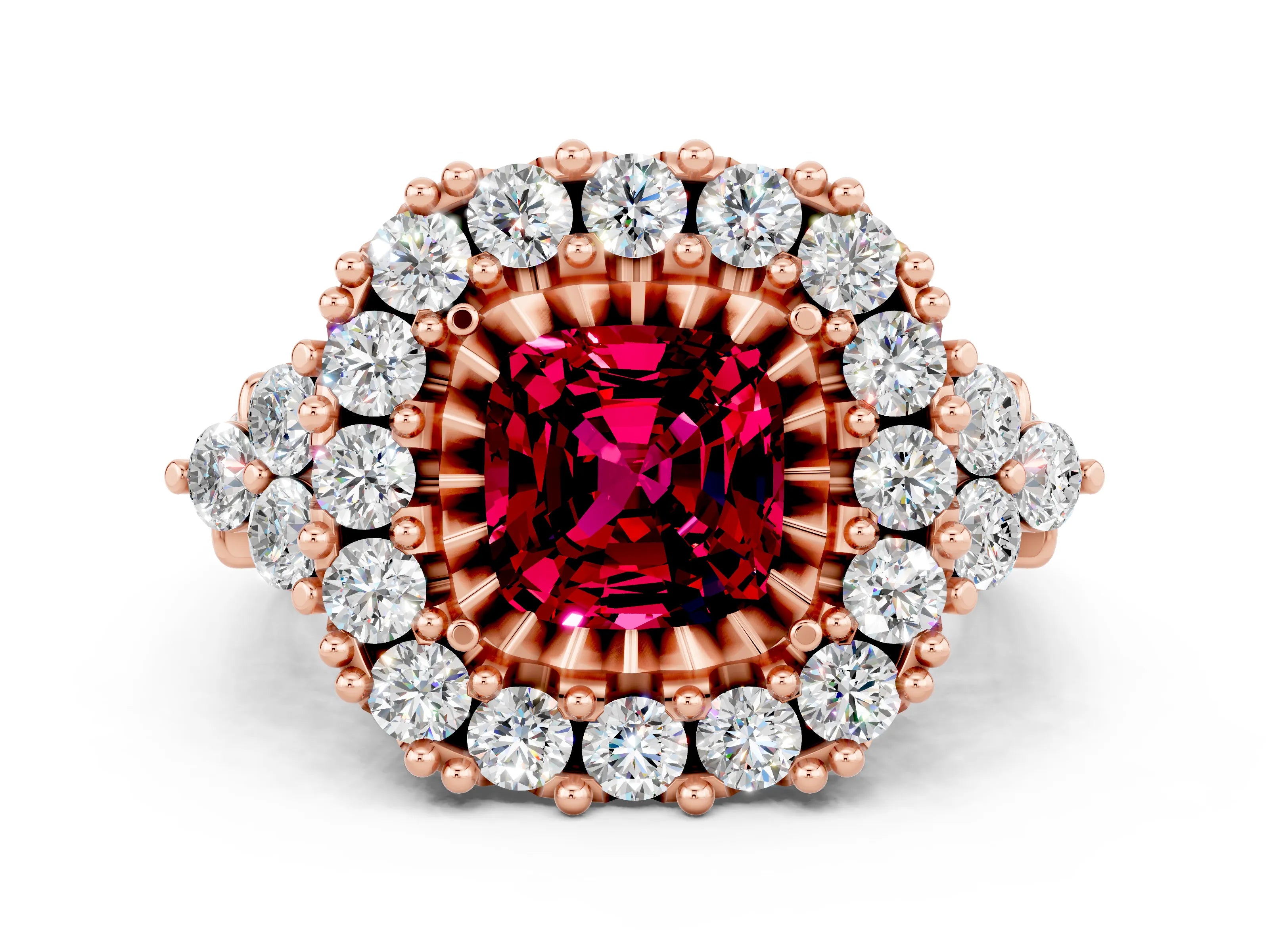 Rose gold Cushion Cut Garnet Halo Ring with Pavé Band and Four-Prong Setting_12