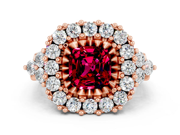 Rose gold Cushion Cut Garnet Halo Ring with Pavé Band and Four-Prong Setting
