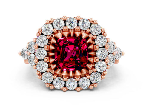 Rose gold Cushion Cut Garnet Halo Ring with Pavé Band and Four-Prong Setting_12