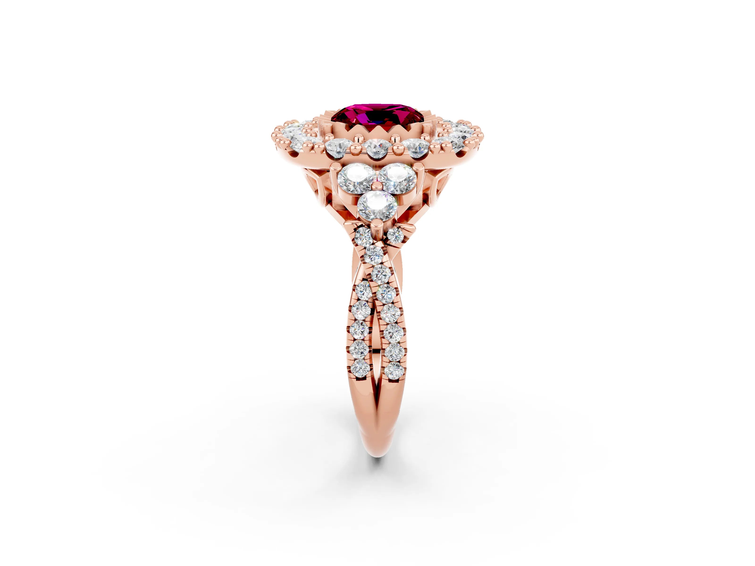 Rose gold Cushion Cut Garnet Halo Ring with Pavé Band and Four-Prong Setting_14