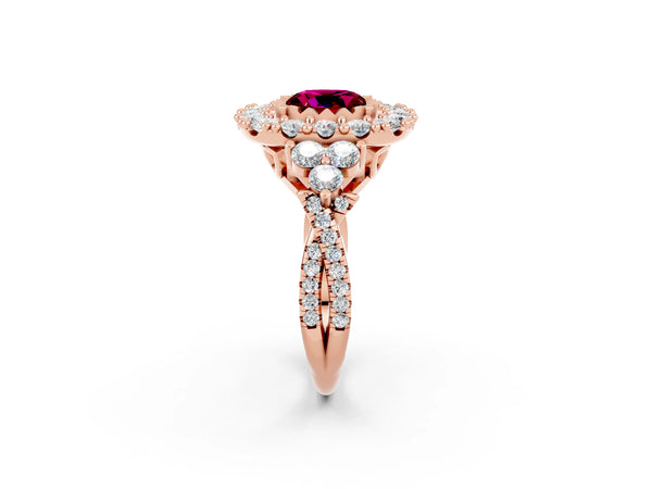 Rose gold Cushion Cut Garnet Halo Ring with Pavé Band and Four-Prong Setting