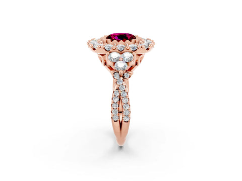 Rose gold Cushion Cut Garnet Halo Ring with Pavé Band and Four-Prong Setting_14