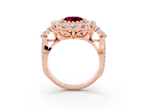 Rose gold Cushion Cut Garnet Halo Ring with Pavé Band and Four-Prong Setting_15