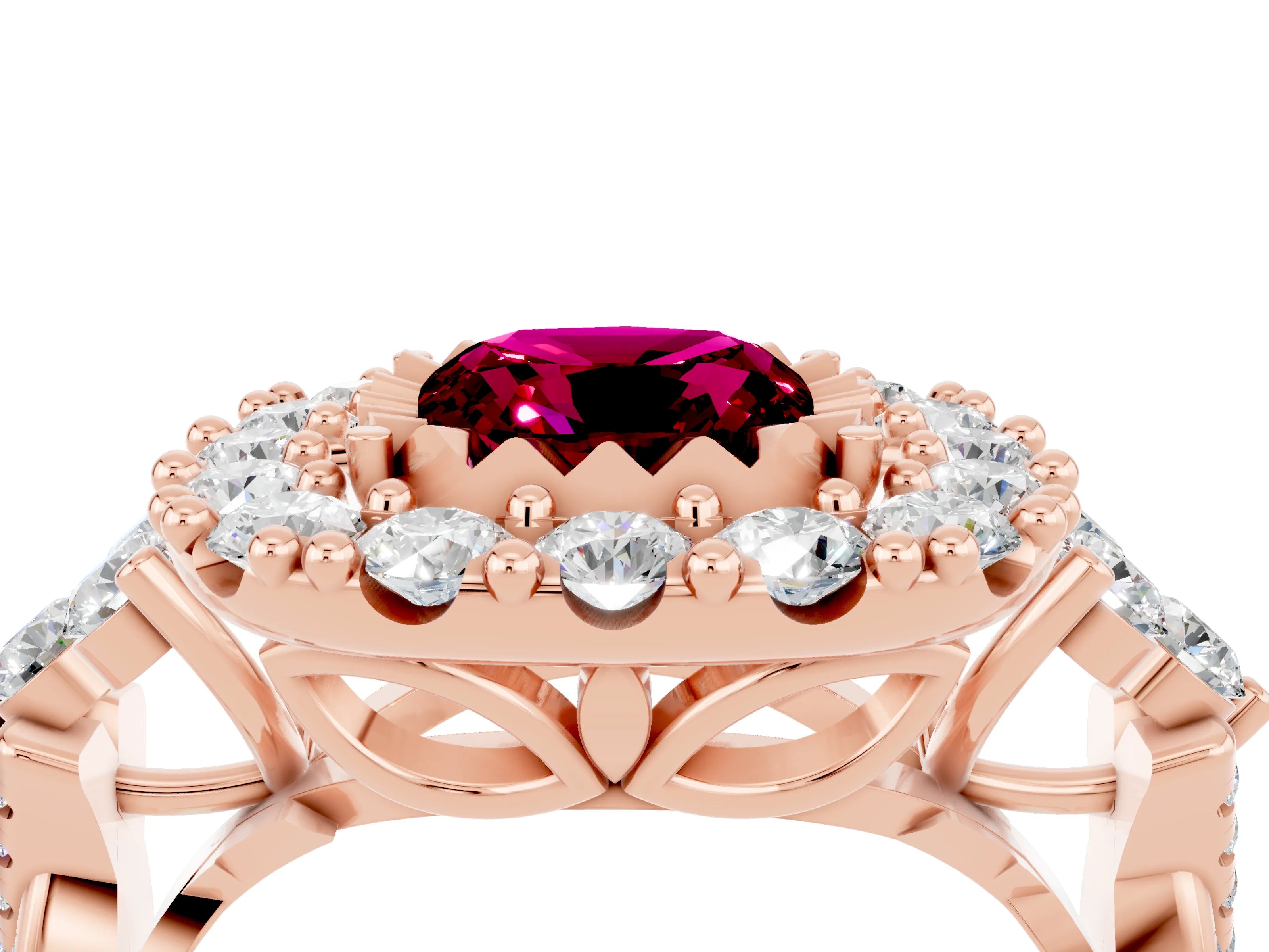 Rose gold Cushion Cut Garnet Halo Ring with Pavé Band and Four-Prong Setting_16