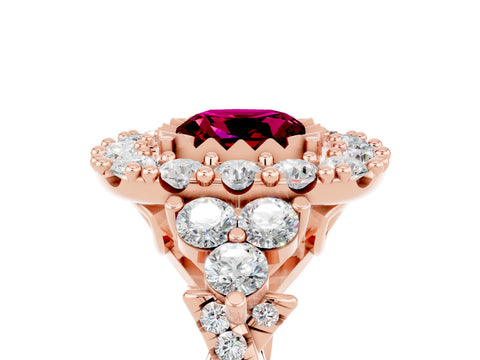 Rose gold Cushion Cut Garnet Halo Ring with Pavé Band and Four-Prong Setting_17