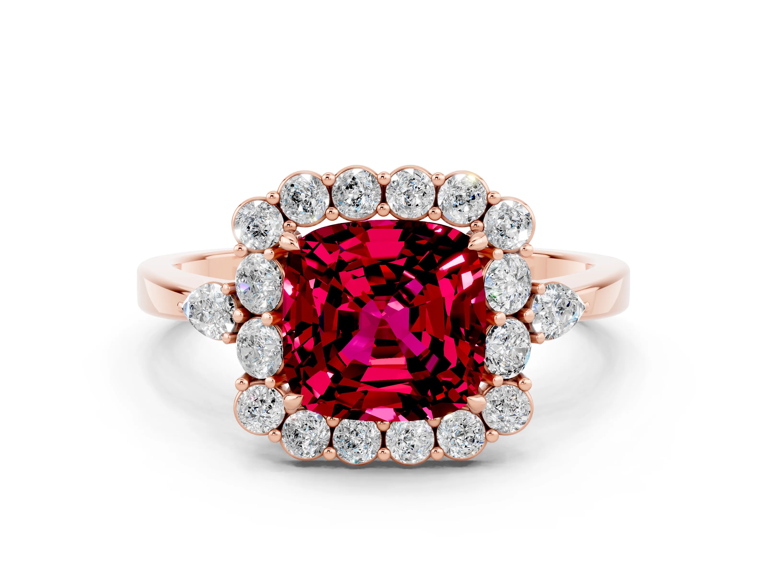 Rose gold Cushion Cut Garnet Halo Ring with Pear Side Stones and Prong Setting_12