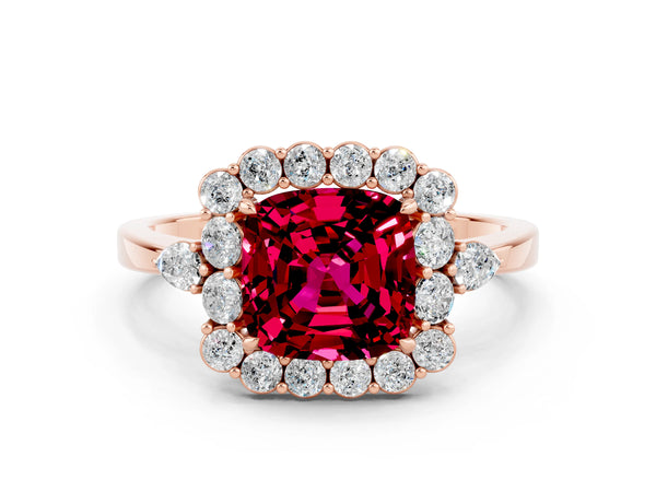 Rose gold Cushion Cut Garnet Halo Ring with Pear Side Stones and Prong Setting