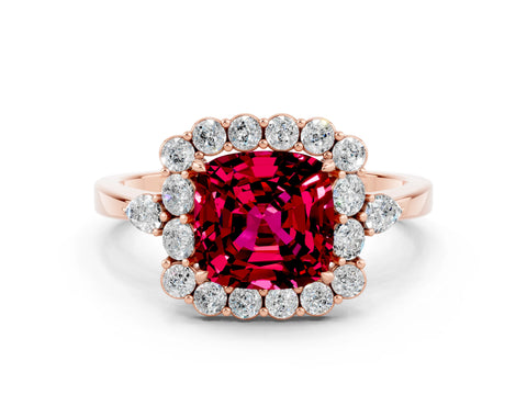 Rose gold Cushion Cut Garnet Halo Ring with Pear Side Stones and Prong Setting_12