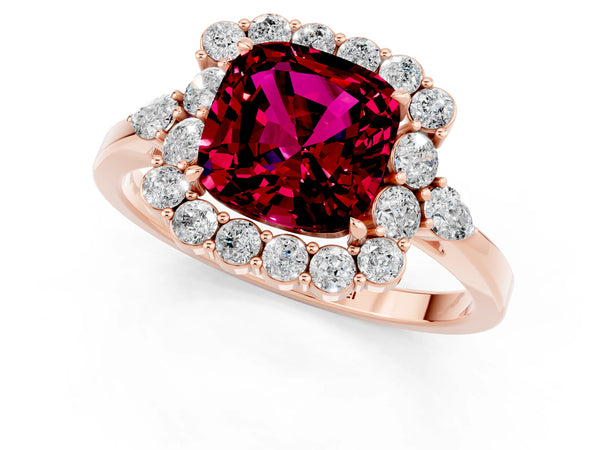 Rose gold Cushion Cut Garnet Halo Ring with Pear Side Stones and Prong Setting