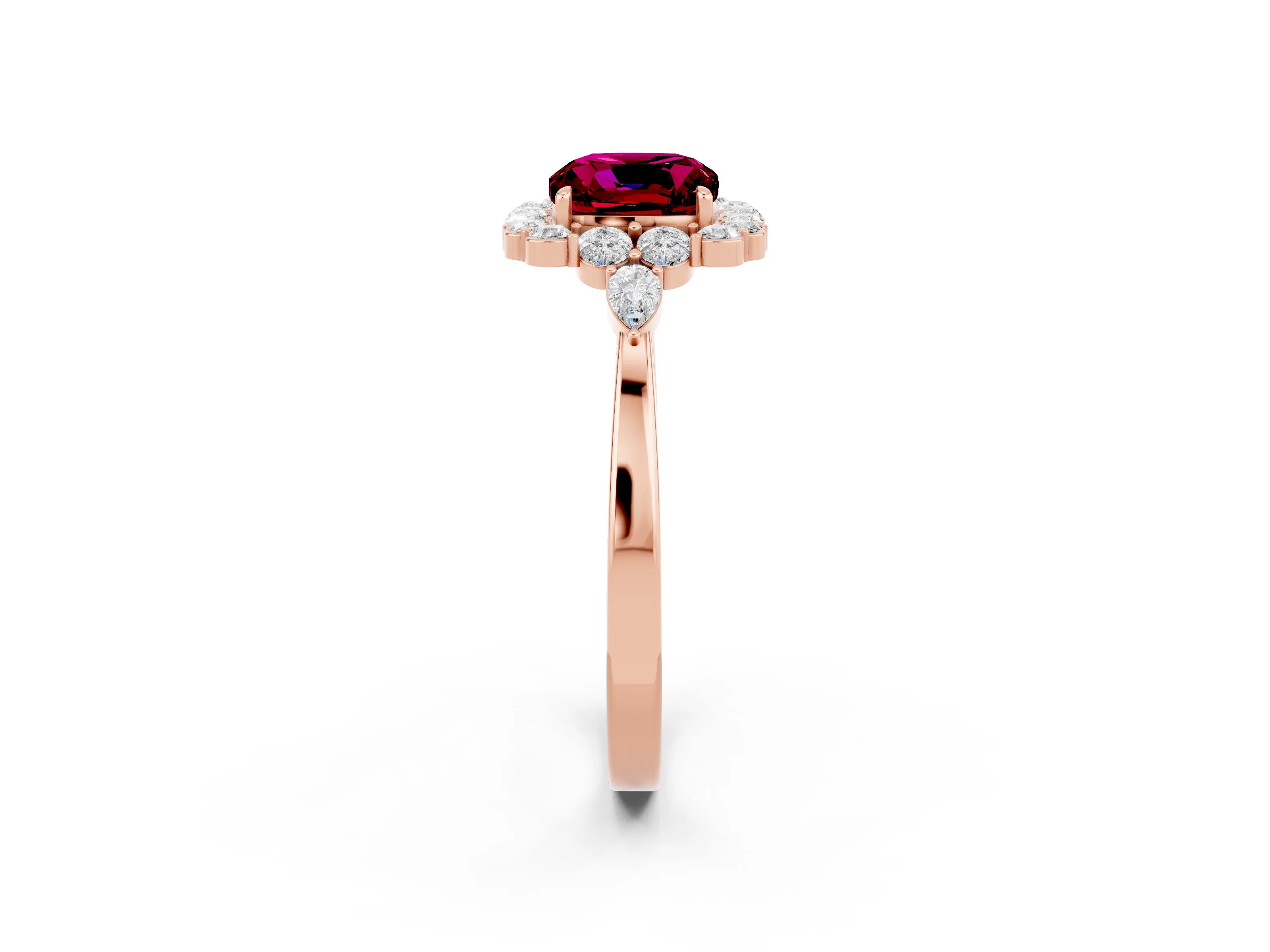 Rose gold Cushion Cut Garnet Halo Ring with Pear Side Stones and Prong Setting_14