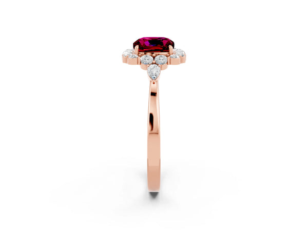 Rose gold Cushion Cut Garnet Halo Ring with Pear Side Stones and Prong Setting
