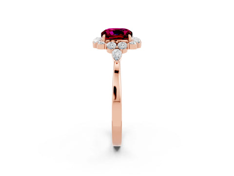 Rose gold Cushion Cut Garnet Halo Ring with Pear Side Stones and Prong Setting_14