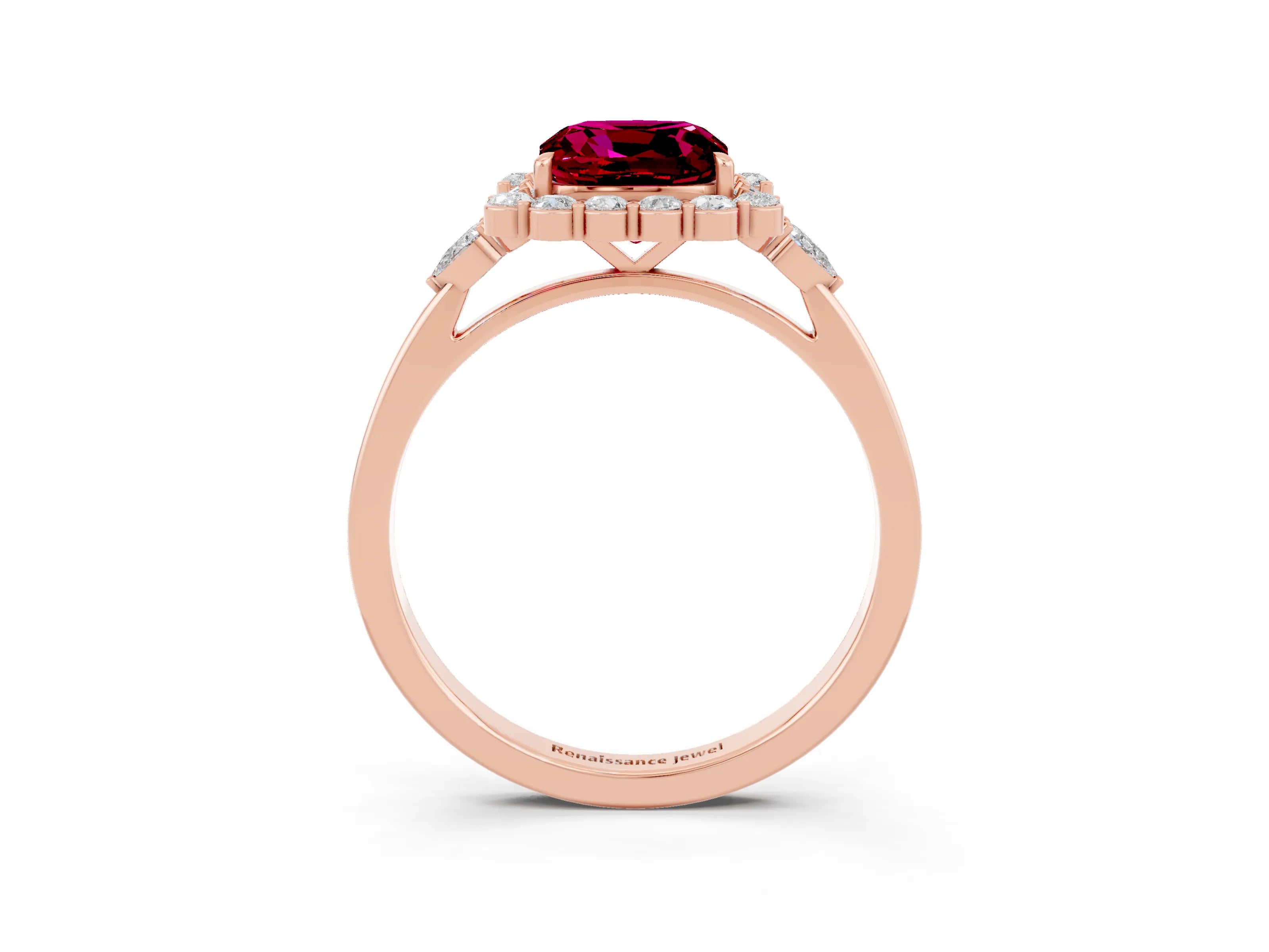 Rose gold Cushion Cut Garnet Halo Ring with Pear Side Stones and Prong Setting_15