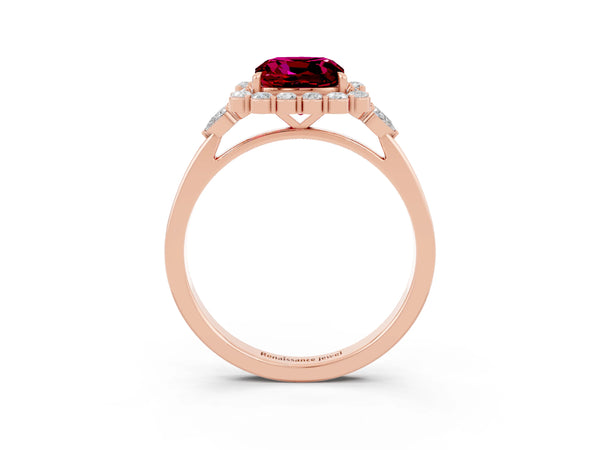 Rose gold Cushion Cut Garnet Halo Ring with Pear Side Stones and Prong Setting