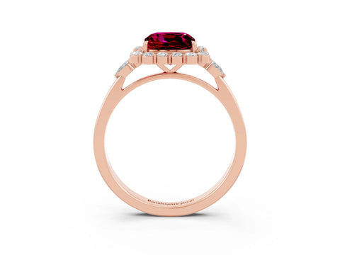 Rose gold Cushion Cut Garnet Halo Ring with Pear Side Stones and Prong Setting_15