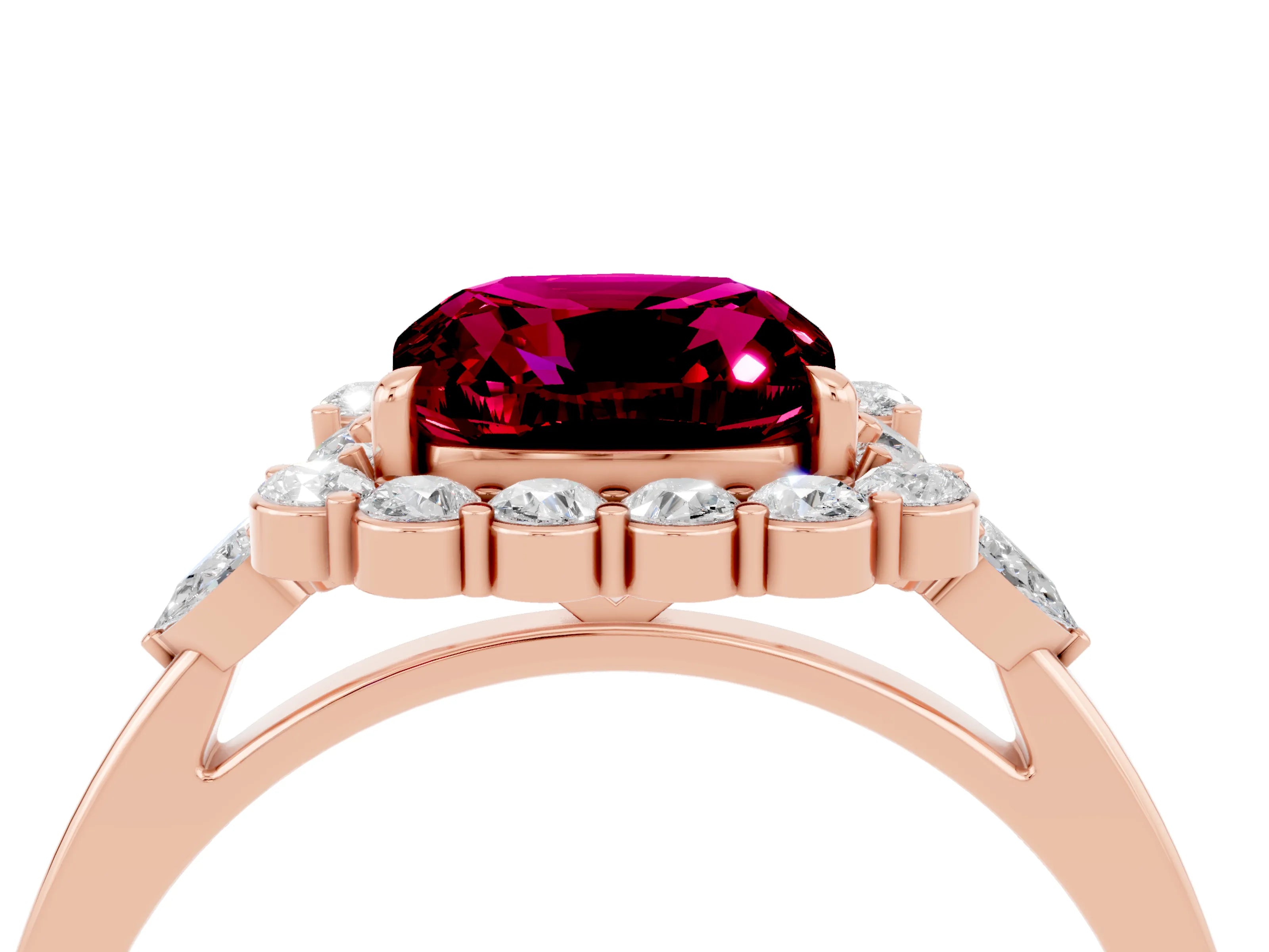 Rose gold Cushion Cut Garnet Halo Ring with Pear Side Stones and Prong Setting_16