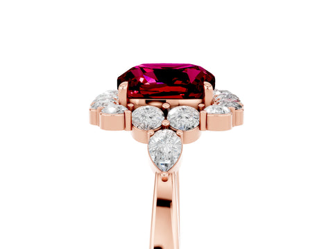 Rose gold Cushion Cut Garnet Halo Ring with Pear Side Stones and Prong Setting_17