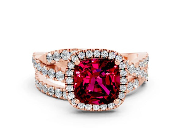 Rose gold Cushion Cut Garnet Halo Ring with Round Split Shank and Prong Setting